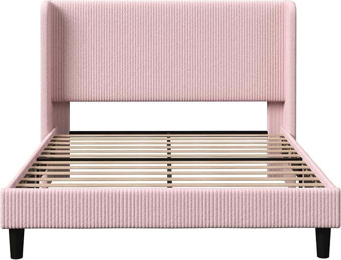 Allewie Full Size Bed Frame with Upholstered Wingback Headboard, Vertical Channel Tufted Corduroy Velvet Platform Bed, Strong Wooden Slats Support, No Box Spring Needed, Easy Assembly, Light Pink