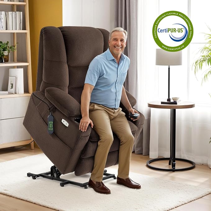 MCombo Big Man Power Lay Flat Lift Chair, Triple Motor Power Lift Recliner with Massage & Dual Heating, Adjustable Headrest, Fabric R7635 (Coffee, Large-Wide)