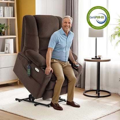 MCombo Big Man Power Lay Flat Lift Chair, Triple Motor Power Lift Recliner with Massage & Dual Heating, Adjustable Headrest, Fabric R7635 (Coffee, Large-Wide)