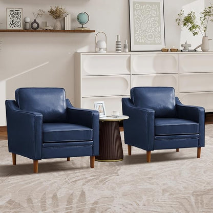 Kingfun Accent Chair Set of 2, Living Room Chairs, Faux Leather Reading Armchair, Mid Century with Solid Wood Foot, Upholstered Modern Decor for Bedroom, Apartment