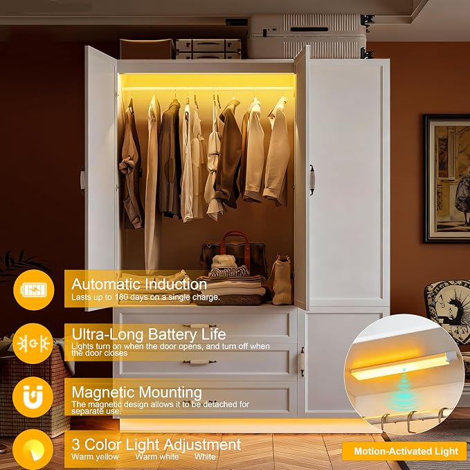 72" Armoire Wardrobe Closet with 3 Door Wooden Bedroom Armoire with LED Light 3 Drawers Large Modern Wardrobe Cabinet with Retro Ceramic Door Handles and Removable Hanging Rod White