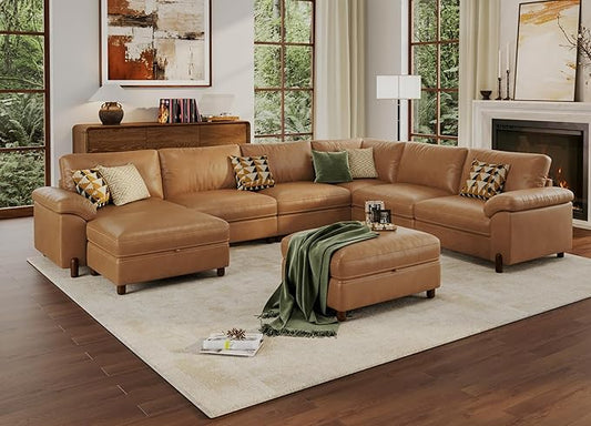 SITJOY Large Cloud Couch, 138" Wide 6 Seater V Shape, Faux Leather in Brown | Pet-Friendly Scratch-Resistant Leather Sectional Sofas for Living Room, Deep Seat Wide Couch with Chaise, Storage Ottoman