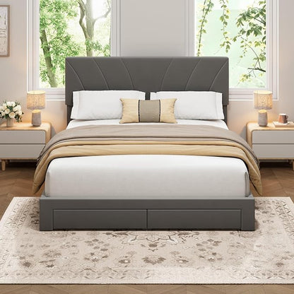 Garvee Full Size Bed Frame with 2 Storage Drawers & Adjustable Headboard, Velvet Upholstered Platform Full Bed Frame, Wooden Slats Support, No Box Spring Needed, Easy Assembly, Grey