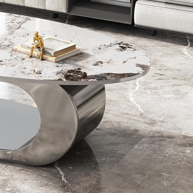 49.2" Modern Oval Marble Coffee Table – Gray Stainless Steel Base, Scratch-Resistant, Easy Assembly