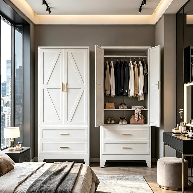 71" H White Armoire Wardrobe Closet with Drawers,Metal Wardrobe Closet with Doors and Shelves,Tall Wardrobe Closet for Bedroom