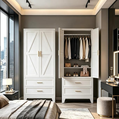 71" H White Armoire Wardrobe Closet with Drawers,Metal Wardrobe Closet with Doors and Shelves,Tall Wardrobe Closet for Bedroom
