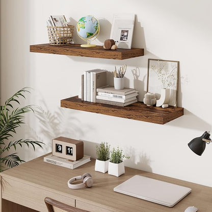 Fun Memories Floating Shelves for Wall, 30 Inch Long Floating Shelves Set of 3, 30 x 10 Wooden Shelves for Wall, Large Storage Shelves, Hanging Shelves for Bathroom Kitchen Bedroom, Rustic Brown
