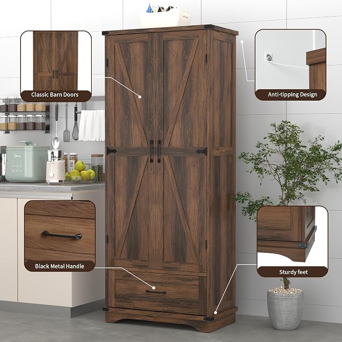 71" Farmhouse Kitchen Pantry Storage Cabinet with Drawer & 2 Barn Doors, Freestanding Cupboard with Adjustable Shelves, Modern Floor Cabinet for Kitchen, Dining Room, Living Room, Bathroom, Brown
