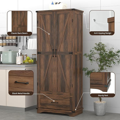 71" Farmhouse Kitchen Pantry Storage Cabinet with Drawer & 2 Barn Doors, Freestanding Cupboard with Adjustable Shelves, Modern Floor Cabinet for Kitchen, Dining Room, Living Room, Bathroom, Brown