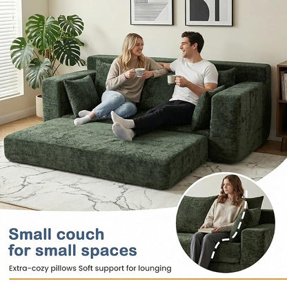 Boneless Couches 70", 3 Seater Boneless Couch with Pull Out Sofa Bed, Boneless Couch Bed with 5 Pillows Green, Plush Velvet Sofa for Living Room & Bedroom