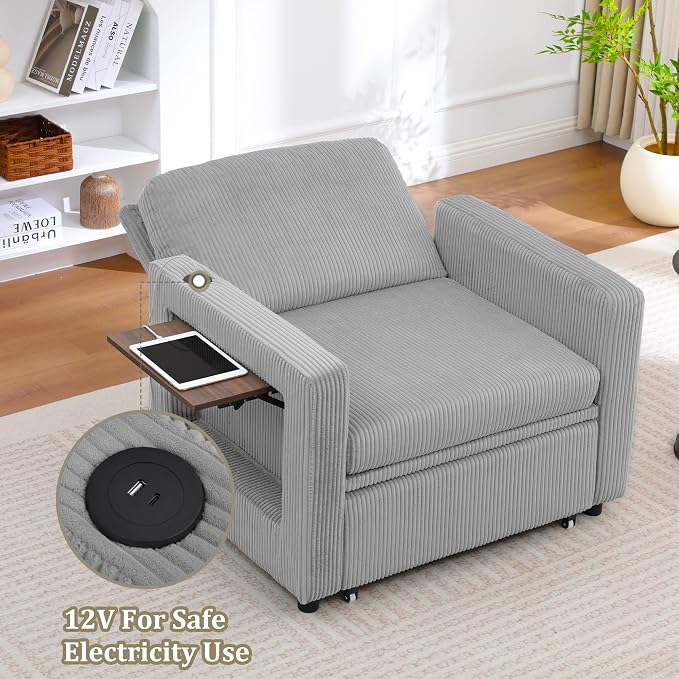 3 in 1 Folding Convertible Sleeper Sofa Bed Pull Out Couch with Side Pockets USB Port Side Table Single Sofa Bed with Adjustable Backrest for Living Room Bedroom 66" LIGHTGREY 1 SEAT