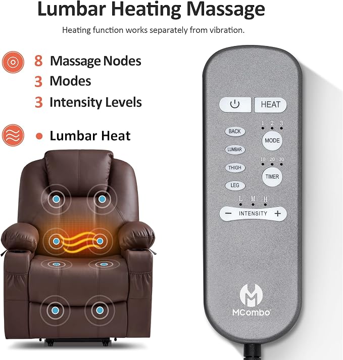 MCombo Large Power Lift Recliner Chair with Massage and Heat for Tall Elderly People, 3 Positions, Cup Holders, and USB Ports, Faux Leather 7516 (Large, Light Brown)