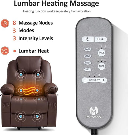 MCombo Large Power Lift Recliner Chair with Massage and Heat for Tall Elderly People, 3 Positions, Cup Holders, and USB Ports, Faux Leather 7516 (Large, Light Brown)