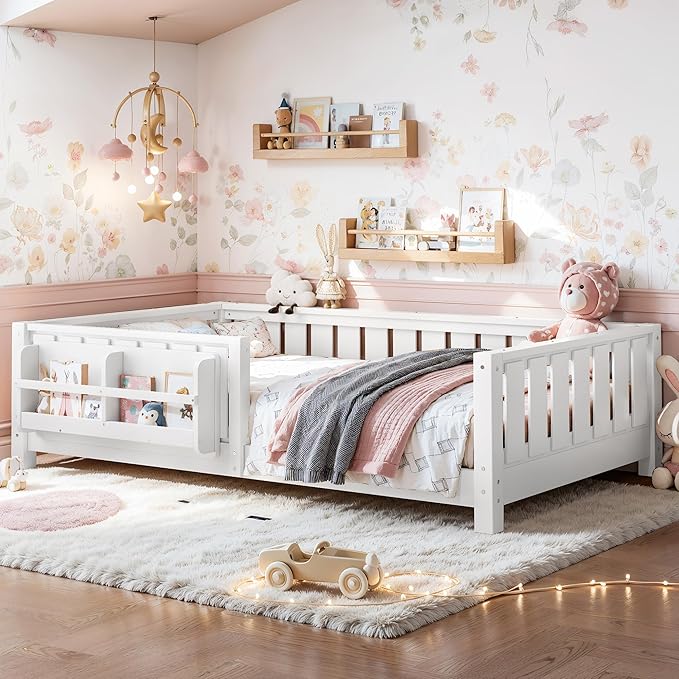 Bellemave Twin Floor Bed with Guardrail and Slats, Twin Size Montessori Floor Bed with Bookshelf and Fence, Easy Assemble Montessori Beds Frame for Girls, Boys, White
