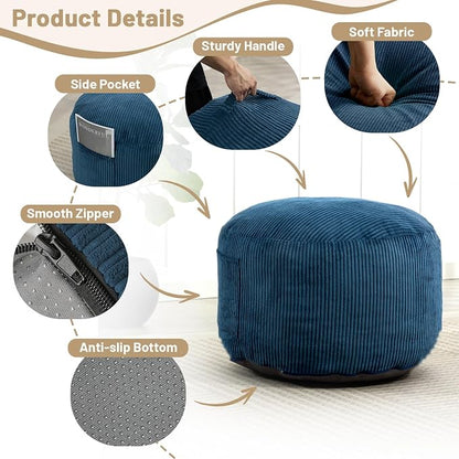 Round Stuffed Pouf Ottoman,Corduroy Foot Rest with Rebound Foam Filled, Furry and Fluffy Foot Stool Ottoman, Floor Poufs for Living Room (Blue, 20" D x 20" W x 15" H)