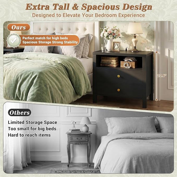 Aheaplus Nightstand with Charging Station, 23.6'' Large Bed Side Table with Wooden 2 Drawers, Night Stand for Bedroom, End Table with Open Storage Shelf for Living Room, Black