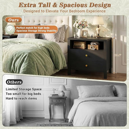Aheaplus Nightstand with Charging Station, 23.6'' Large Bed Side Table with Wooden 2 Drawers, Night Stand for Bedroom, End Table with Open Storage Shelf for Living Room, Black