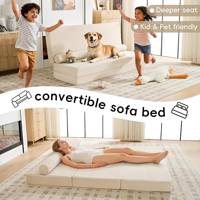 5-in-1 Convertible Sofa Bed Queen, 60" Boneless Loveseat Couch Tri Folding Mattress with L-Shaped Armrests, Corduroy Futon Couch Sleeper with Pull Out Bed for Living Room Bedroom Apartment, Beige