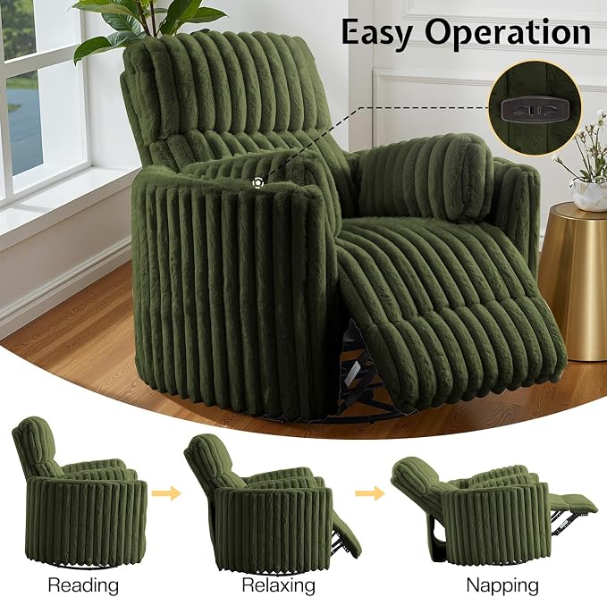 Jocisland Power Recliner Nursery Chair for Adults, Electric Swivel Rocking Glider with USB & Type-C, Soft Fabric Armchair with 2 Pillows, Cozy Reclining Sofa for Living Room, Bedroom, Green