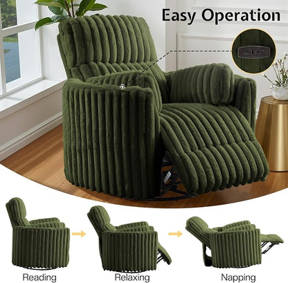 Jocisland Power Recliner Nursery Chair for Adults, Electric Swivel Rocking Glider with USB & Type-C, Soft Fabric Armchair with 2 Pillows, Cozy Reclining Sofa for Living Room, Bedroom, Green