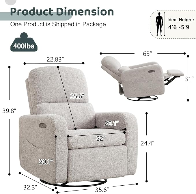 Power Swivel Rocker Recliner, Oversized Electric Boucle Recliner Chair, Teddy Swivel Glider Nursery Reclienr with Removable Cushion, Upholstered Recling Chair for Living Room Bedroom, Grey