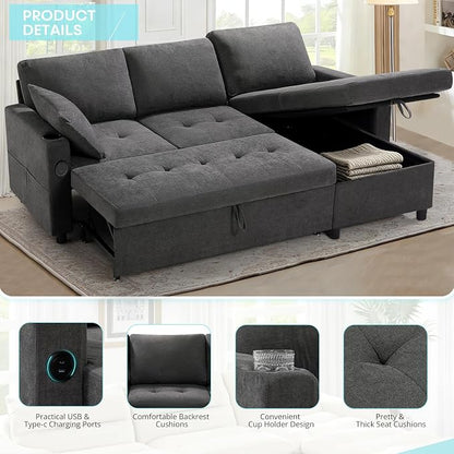84" L-Shape Pull Out Sofa with 2 Storage Chaise, Grey | Fabric Sectional Sleeper Sofa with Adjustable Backrest, Upholstered Reversible Couch Bed with USB Port for Living Room, House