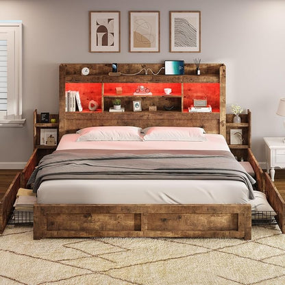 AMERLIFE California King Size Bed Frame with 4 Storage Drawers, LED Bed Frame with 49.6" Tall Bookcase Headboard, Wood Platform Bed with Charging Station & 2 Slide Bedside Shelf, Rustic Brown