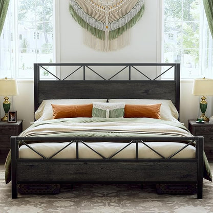 LIKIMIO King Bed Frame, Tall Industrial Headboard 51.2 ", Platform Bed Frame with Strong Metal Support, Solid and Stable, Noise Free, No Box Spring Needed, Easy Assembly, Charcoal Grey