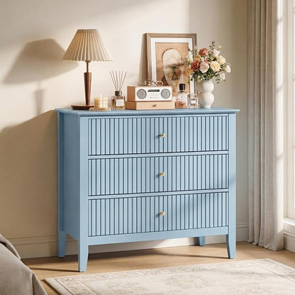RoyalCraft 32" Large Nightstand, Fluted Painted Wood Bedside Table with 3 Spacious Drawers, Modern End Table for Bedroom, Living Room, Light Blue