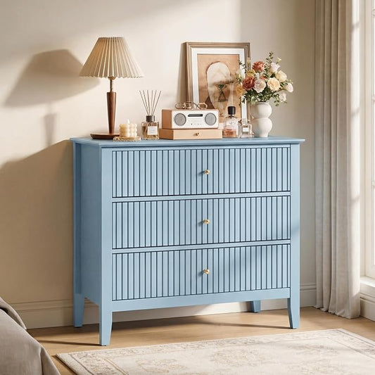 RoyalCraft 32" Large Nightstand, Fluted Painted Wood Bedside Table with 3 Spacious Drawers, Modern End Table for Bedroom, Living Room, Light Blue