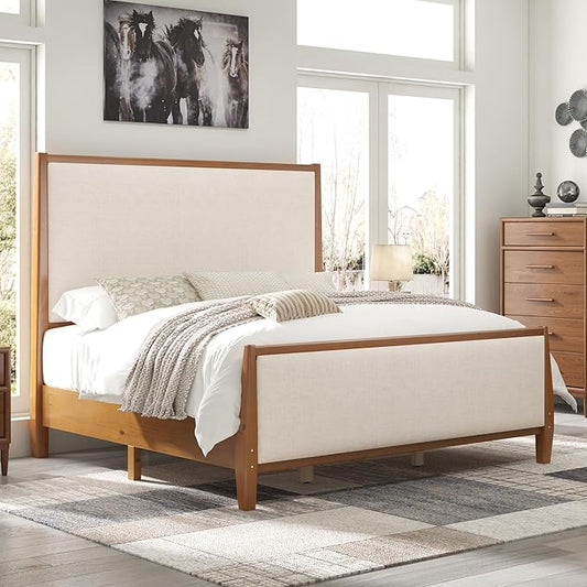 Jocisland 58" Tall Solid Wood California King Size Bed Frame with Upholstered Headboard & Footboard, Wooden Platform Bedframe, No Box Spring Needed, Easy Assembly, Modern Farmhouse Style, Walnut