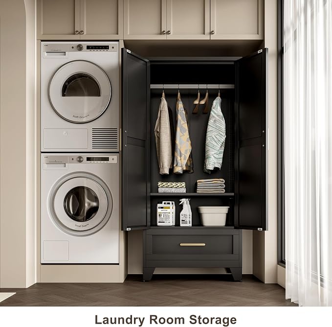 QINPTWUT 71" Tall Metal Wardrobe with Doors, Hanging Rod & Adjustable Shelf, Freestanding Steel Armoire for Bedroom Home Office, 1-Drawer Black