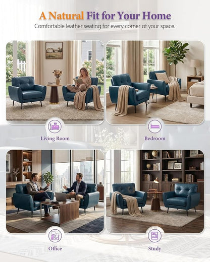 TYBOATLE Accent Chair, Comfy Modern Living Room Blue Leather Reading Accent Chairs Tufted Mid Century Arm Chair Small Salon Chair for Office Bedroom (1, Blue)