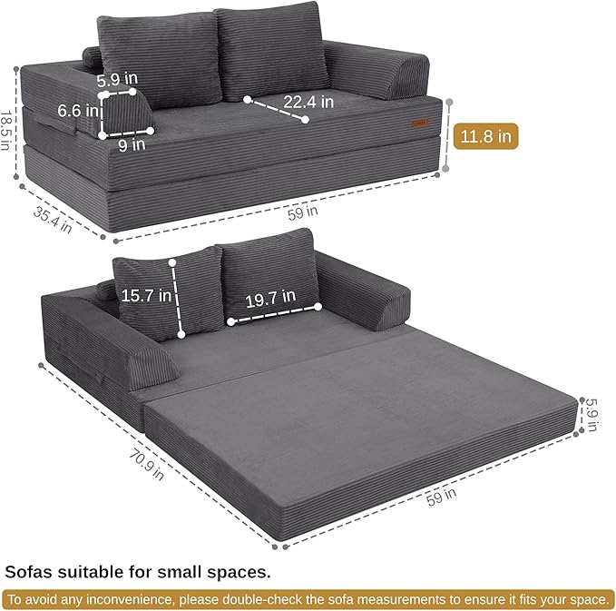 COMAX Futon Sofa Bed, Convertible Sofa Bed, Folding Boneless Couches | Boneless Couch for living room, 4‑in‑1 Fold Out Small Foldable Loveseat Floor Sleeper Mattress Lounge Space‑Saving