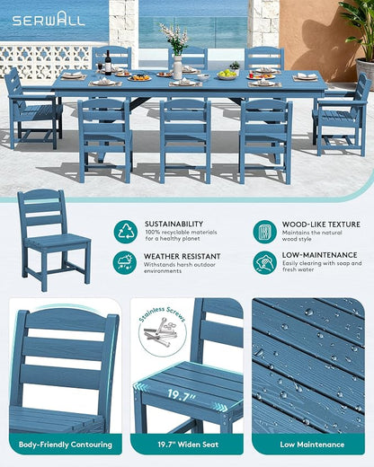 SERWALL 9 Piece 84" HDPE Outdoor Dining Set with 6 Armless Chairs, 2 Armchairs and Umbrella Hole for 8, Blue