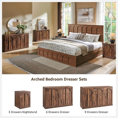 ACCOHOHO Arched 9 Drawers Dresser for Bedroom, 52" Wide Modern Chest of Drawers with Rounded Edge & Metal Handles, Wood Storage Closet Dressers TV Stand for Living Room, Hallway, Brown