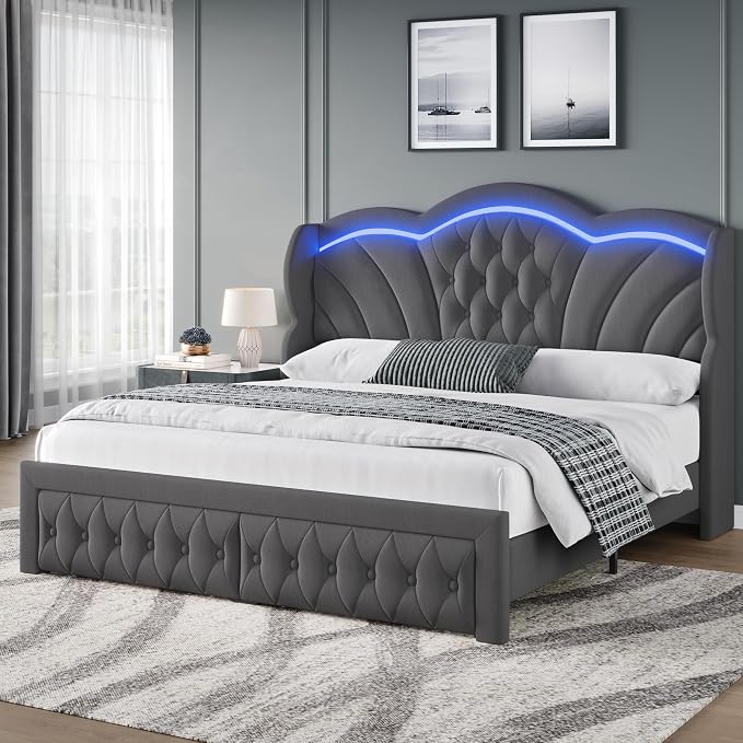 Keyluv Queen Bed Frame with LED Lights and 2 Storage Drawers, Velvet Upholstered Platform with 47" Tall Arc-Shaped Wingback Headboard and Button Tufted Design, No Box Spring Needed, Noise-Free, Gray