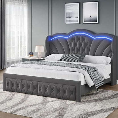 Keyluv Queen Bed Frame with LED Lights and 2 Storage Drawers, Velvet Upholstered Platform with 47" Tall Arc-Shaped Wingback Headboard and Button Tufted Design, No Box Spring Needed, Noise-Free, Gray