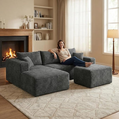 37.4" Charcoal Plush Corduroy Ottoman, Upholstered Cloud Ottoman for Boneless Couch in a Box, Modular Sectional Couches for Living Room Bedroom, Compressed Memory Foam, No Assembly Require, Dark Grey