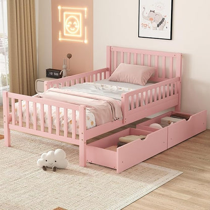 Kids Twin Size Bed Frame with Storage Drawers, Wood Twin Bed Frames for Kids, Twin Bed Frame with Headboard and Footboard for Boys Girls, No Box Spring Needed,Pink