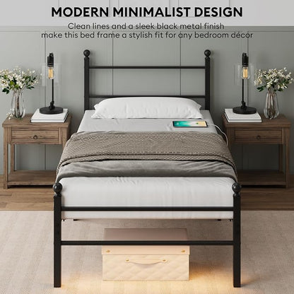Twin Size Bed Frame with Headboard - Metal Platform Bed with LED Lights, Charging Station, Under Bed Storage and Heavy Duty Steel Slats Support - No Box Spring Needed, Easy Assembly, Black