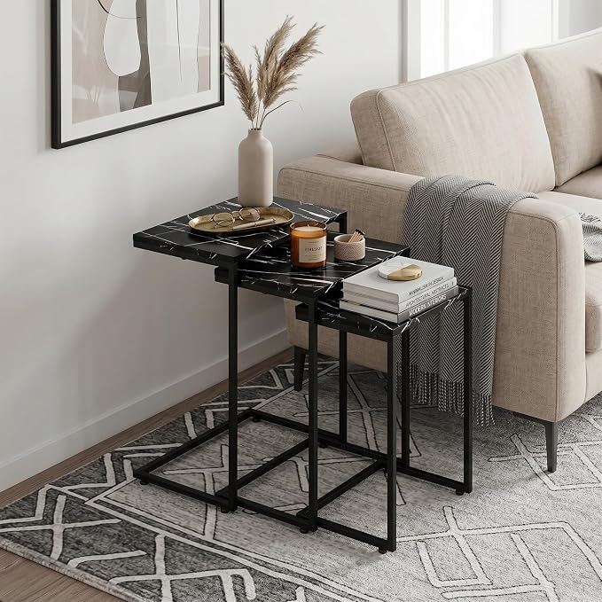 SUPER DEAL Nesting Tables Set of 3, Industrial C Shaped End Table Stackable Coffee Table Heavy Duty Metal Frame for Small Space, Living Room, Bedroom, Side Table Tray for Laptop Snack, Black