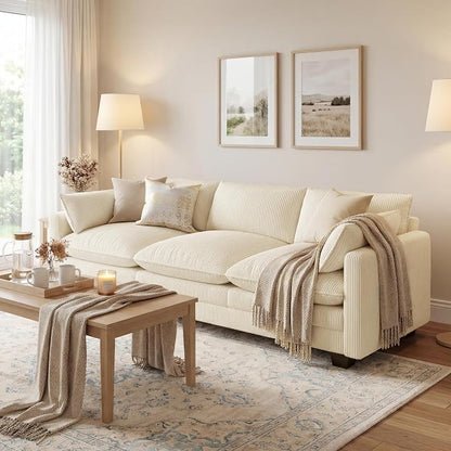 Gizoon 3 Seater Couches for Living Room, Cloud Sleeper Sofa with Double Cushion Corduroy Deep Seat Sofa Couches with 2 Pillows for Living Room Bedroom and Apartment,Pet-Friendly Fabric, Beige