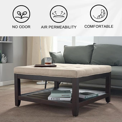 adochr 33'' Large Square Ottoman Coffee Table with Storage, Upholstered Button Tufted Footrest Ottoman with Solid Wooden Tray,Coffee Table for Living Room, Light Brown