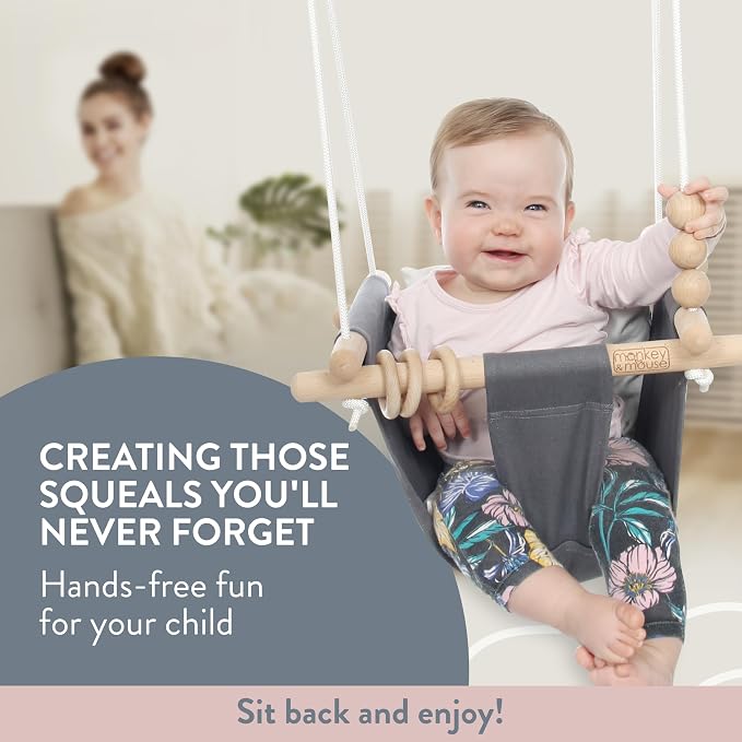 Monkey & Mouse Baby Swing, Pale Pink Indoor Outdoor Portable Hanging Chair - Infant & Toddler Kids 6 Months - 4 Years, Cotton Canvas & Beech Wood Frame, Sensory Hammock Boy & Girl Seat w/Wooden Toys