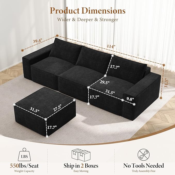 Vesgantti 114" Modular Boneless Couch, Modern 4 Sester Sectional Sofa with Deep Seat, Convertible Chenille L Shaped Cloud Couches for Living Room, No Assembly Required, Black
