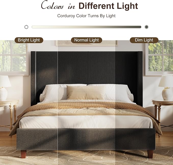 HOWE Queen Szie Bed Frame with 50.8 Inch Corduroy Wingback Headboard, Black | Modern Upholstered Platform Bed, Solid Wood Slats, No Box Spring Needed, Noise-Reducing Design
