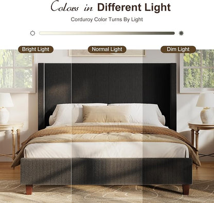 HOWE King Size Bed Frame with 50.8 Inch Corduroy Wingback Headboard, Black | Modern Upholstered Platform Bed, Solid Wood Slats, No Box Spring Needed, Noise-Reducing Design