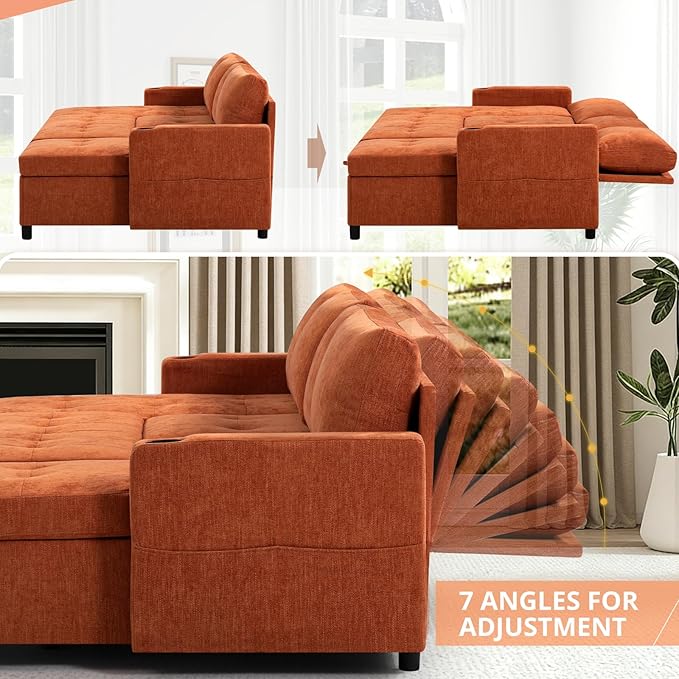 110" Chenille Pull-Out Couch Bed w/Adjustable Backrests, Orange | Sectional Sleeper Sofa w/USB Ports & 2 Cup Holders, Upholstered U-Shaped Couch w/Storage Chaise for Living Room, House