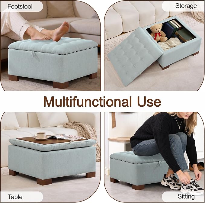 WUTUTUEE 30" Fabric Square Storage Ottoman with Wooden Tray, Modern Tufted Button Footstool Coffee Table, Upholstered Large Ottoman for Living Room, Bedroom, Blue